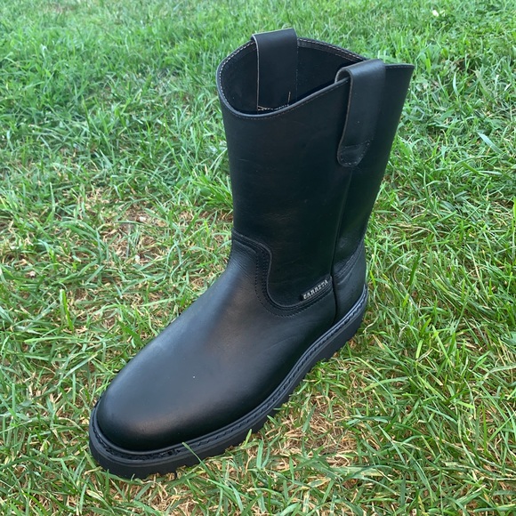 Men’s STEEL TOE pull on Leather work Boots Black - Picture 2 of 7